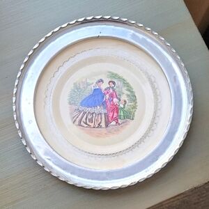Vintage 1950 Farberware  Aluminum Wrapped Ceramic Plate Victorian Scene